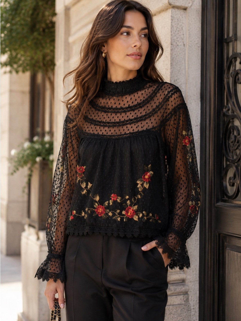 Saylor Delilah Black Lace Floral Embroidered Victorian Blouse XS